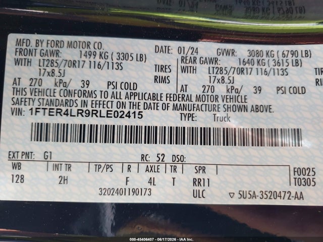 45406407 :رقم المزاد ، 1FTER4LR9RLE02415 vin ، 2024 Ford Ranger Raptor مزاد بيع
