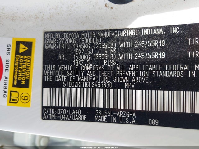 45406422 :رقم المزاد ، 5TDDZRFH6HS463830 vin ، 2017 Toyota Highlander Limited Platinum مزاد بيع
