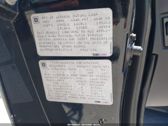 45406431 :رقم المزاد ، 1G1YY23P4P5113309 vin ، 1993 Chevrolet Corvette مزاد بيع