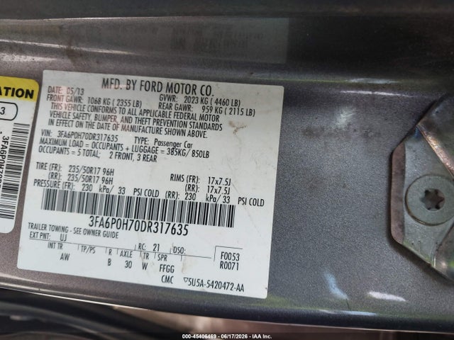 2013 Ford Fusion Se მანქანა იყიდება აუქციონზე, vin: 3FA6P0H70DR317635, აუქციონის ნომერი: 45406469