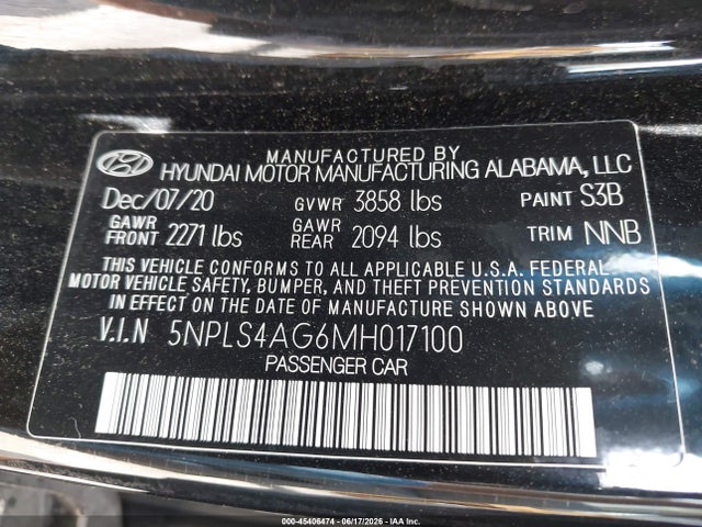 45406474 :رقم المزاد ، 5NPLS4AG6MH017100 vin ، 2021 Hyundai Elantra Sel مزاد بيع