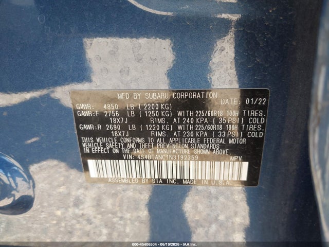2022 Subaru Outback Limited მანქანა იყიდება აუქციონზე, vin: 4S4BTANC1N3192359, აუქციონის ნომერი: 45406504