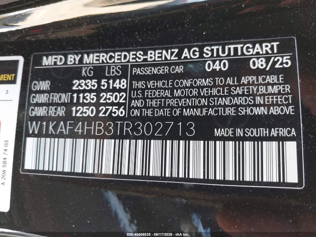 Продаж на аукціоні авто 2026 Mercedes-benz C 300, vin: W1KAF4HB3TR302713, номер лоту: 45406535