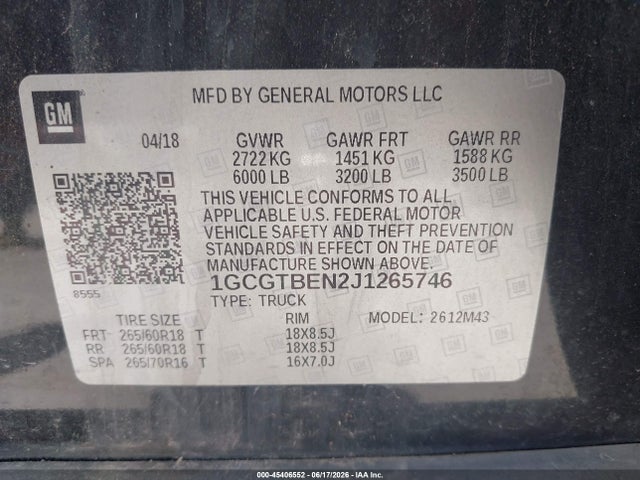 Aukcja sprzedaży 2018 Chevrolet Colorado 4wd Work Truck, vin: 1GCGTBEN2J1265746, numer aukcji: 45406552