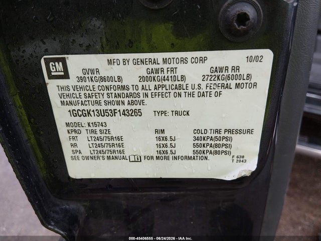 Продаж на аукціоні авто 2003 Chevrolet Silverado 1500hd Ls, vin: 1GCGK13U53F143265, номер лоту: 45406555