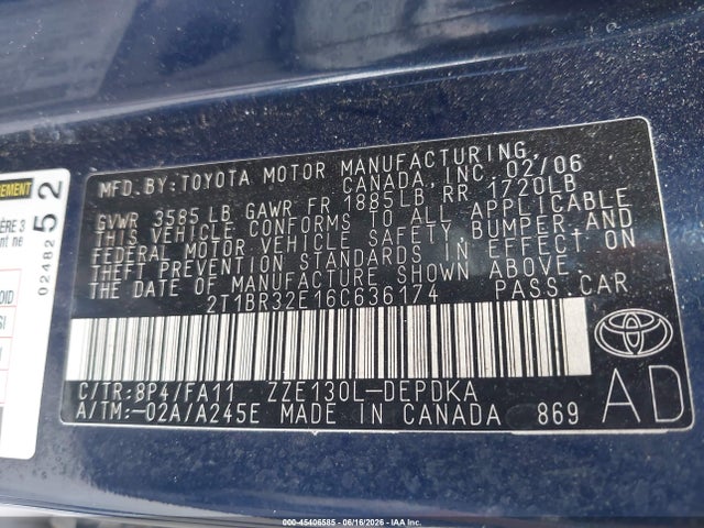 Продажа на аукционе авто 2006 Toyota Corolla Ce, vin: 2T1BR32E16C636174, номер лота: 45406585