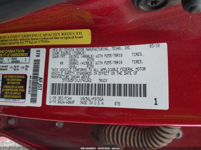 45406602 :رقم المزاد ، 5TFDW5F1XJX741262 vin ، 2018 Toyota Tundra Sr5 5.7l V8 مزاد بيع