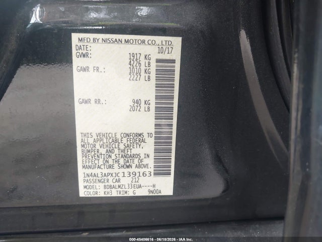 2018 Nissan Altima 2.5 Sv მანქანა იყიდება აუქციონზე, vin: 1N4AL3APXJC139163, აუქციონის ნომერი: 45406616