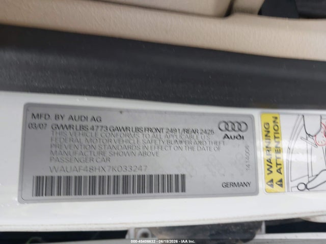 2007 Audi A4 2.0t მანქანა იყიდება აუქციონზე, vin: WAUAF48HX7K033247, აუქციონის ნომერი: 45406632