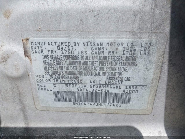 3N1CN7AP0HK452685 Nissan Versa 1.6 Sv