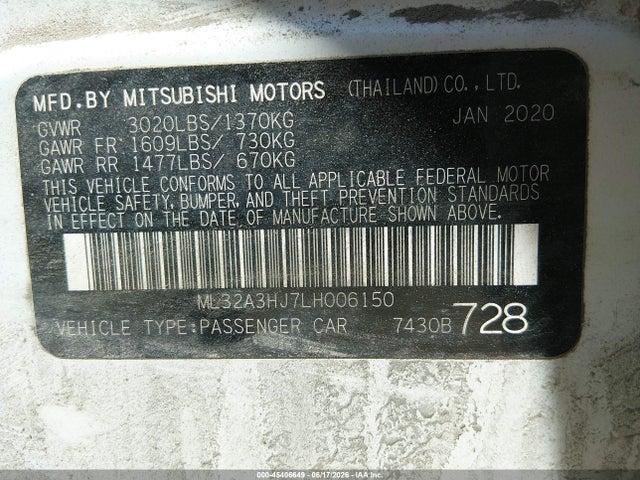 45406649 :رقم المزاد ، ML32A3HJ7LH006150 vin ، 2020 Mitsubishi Mirage Es مزاد بيع