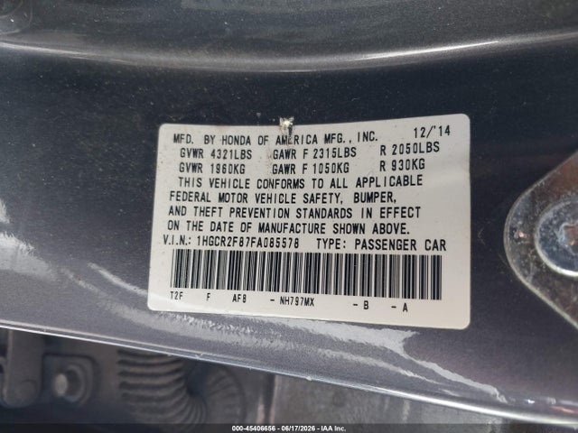 Продаж на аукціоні авто 2015 Honda Accord Ex-l, vin: 1HGCR2F87FA085578, номер лоту: 45406656