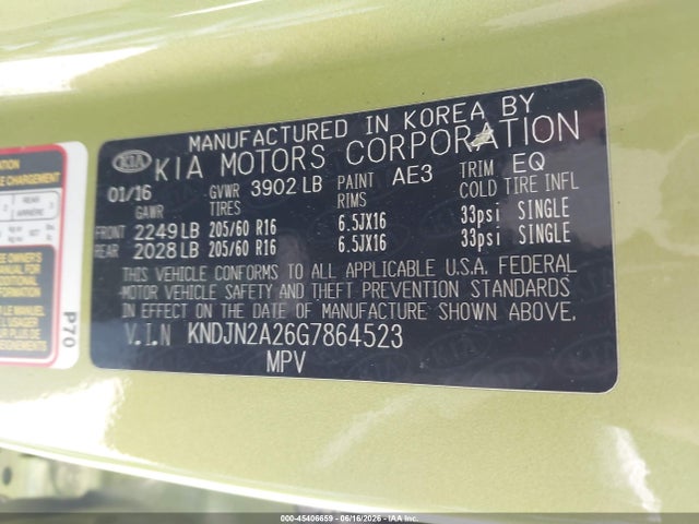 2016 Kia Soul მანქანა იყიდება აუქციონზე, vin: KNDJN2A26G7864523, აუქციონის ნომერი: 45406659