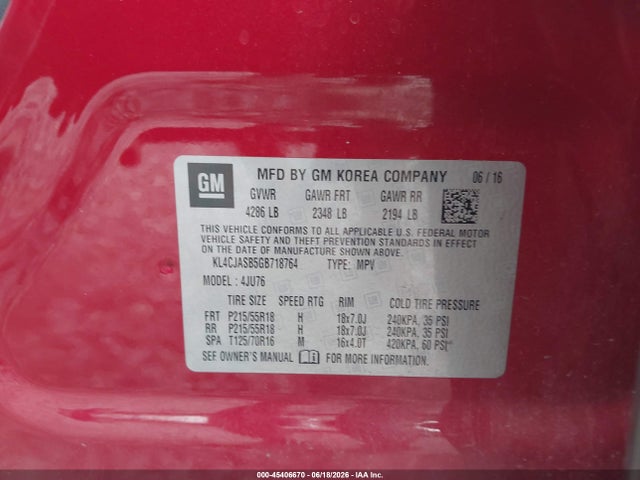 45406670 :رقم المزاد ، KL4CJASB5GB718764 vin ، 2016 Buick Encore مزاد بيع