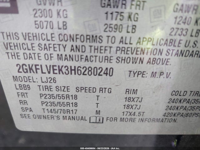 45406684 :رقم المزاد ، 2GKFLVEK3H6280240 vin ، 2017 Gmc Terrain Denali مزاد بيع