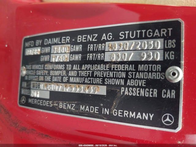 Aukcja sprzedaży 1988 Mercedes-benz 190 E 2.3, vin: WDBDA28D7JF533459, numer aukcji: 45406695