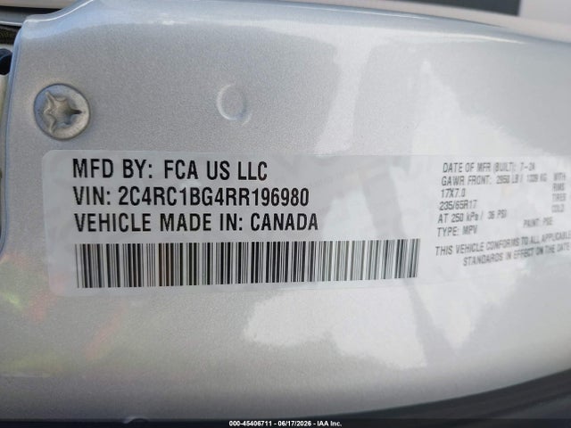 45406711 :رقم المزاد ، 2C4RC1BG4RR196980 vin ، 2024 Chrysler Pacifica Touring L مزاد بيع