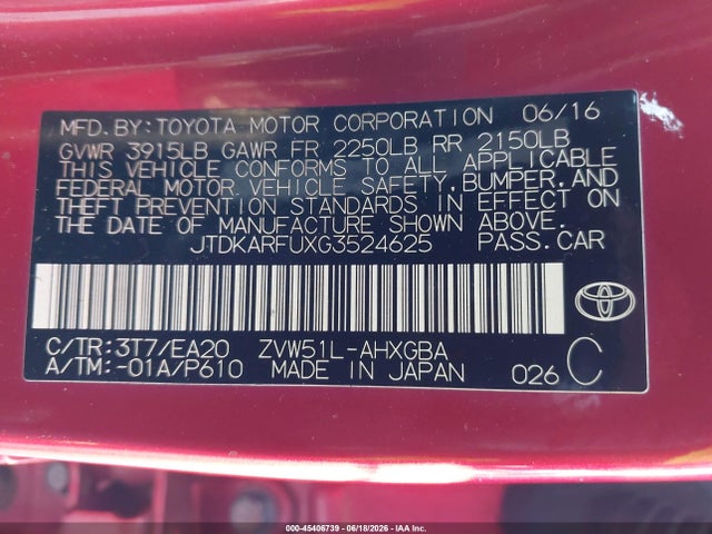 JTDKARFUXG3524625 Toyota Prius Four