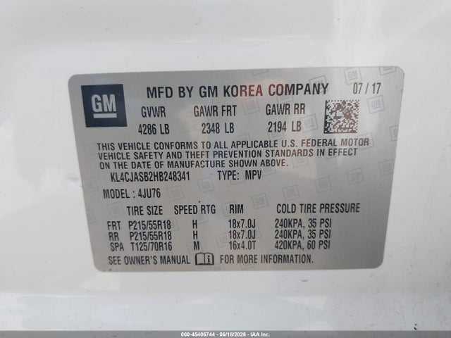 45406744 :رقم المزاد ، KL4CJASB2HB248341 vin ، 2017 Buick Encore Preferred مزاد بيع
