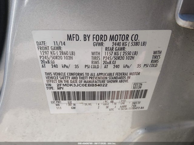 45406769 :رقم المزاد ، 2FMDK3JC0EBB54022 vin ، 2014 Ford Edge Sel مزاد بيع