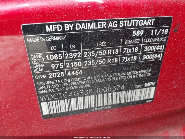 Продаж на аукціоні авто 2019 Mercedes-benz Gla 250 4matic, vin: WDCTG4GB3KU008574, номер лоту: 45406777