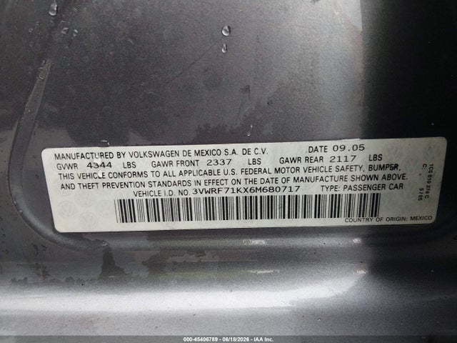 Aukcja sprzedaży 2006 Volkswagen Jetta 2.5, vin: 3VWRF71KX6M680717, numer aukcji: 45406789