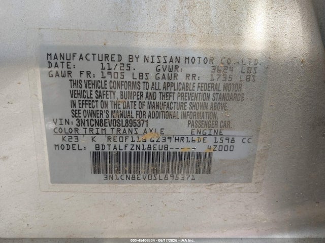 Продаж на аукціоні авто 2025 Nissan Versa 1.6 Sv, vin: 3N1CN8EV0SL895371, номер лоту: 45406834