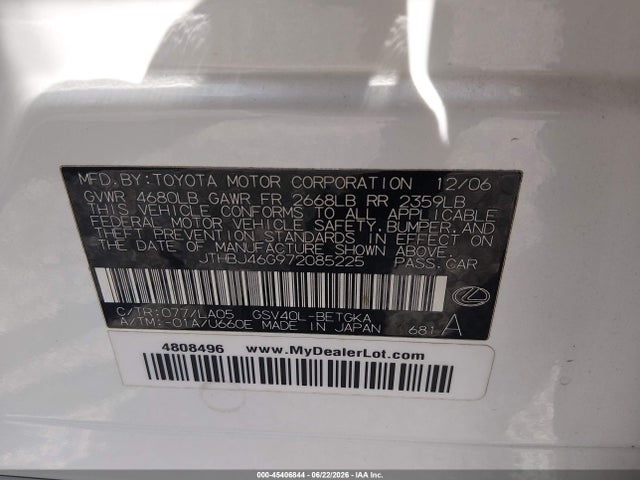 2007 Lexus Es 350 მანქანა იყიდება აუქციონზე, vin: JTHBJ46G972085225, აუქციონის ნომერი: 45406844