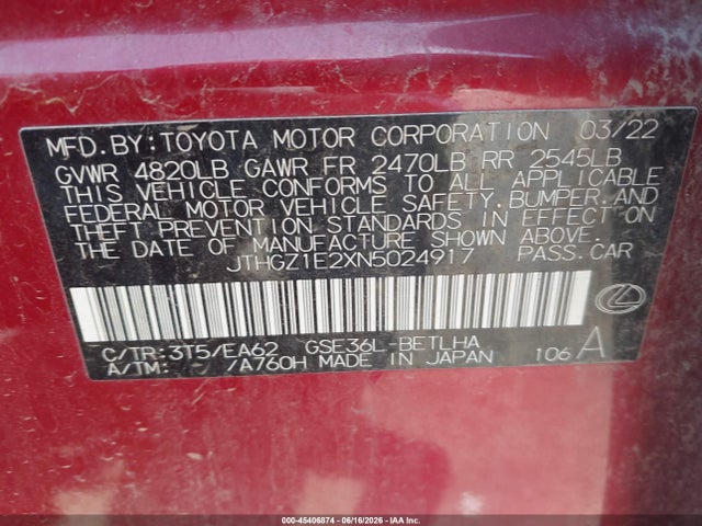 2022 Lexus Is 350 F Sport მანქანა იყიდება აუქციონზე, vin: JTHGZ1E2XN5024917, აუქციონის ნომერი: 45406874