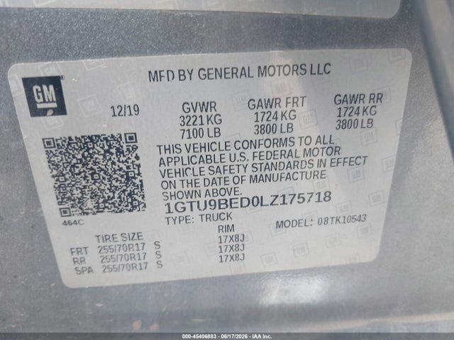 45406883 :رقم المزاد ، 1GTU9BED0LZ175718 vin ، 2020 Gmc Sierra 1500 4wd  Short Box Sle مزاد بيع