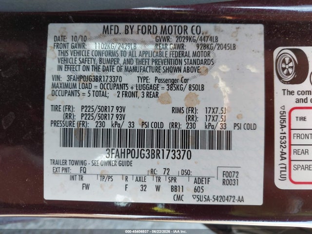 Aukcja sprzedaży 2011 Ford Fusion Sel, vin: 3FAHP0JG3BR173370, numer aukcji: 45406937