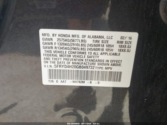 45406946 :رقم المزاد ، 5FRYD4H20GB049732 vin ، 2016 Acura Mdx Acurawatch Plus Package مزاد بيع