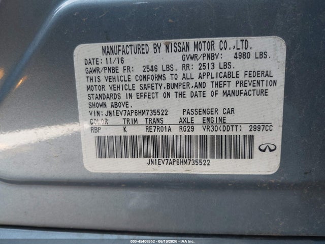 Продаж на аукціоні авто 2017 Infiniti Q50 3.0t Premium, vin: JN1EV7AP6HM735522, номер лоту: 45406952