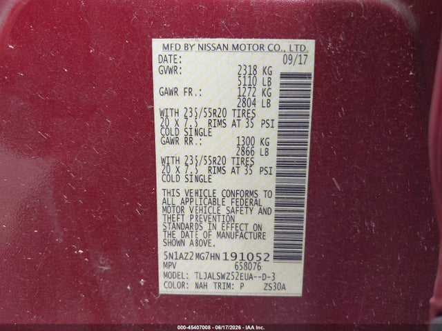 Nissan Murano Platinum 2017 5N1AZ2MG7HN191052 Image 9