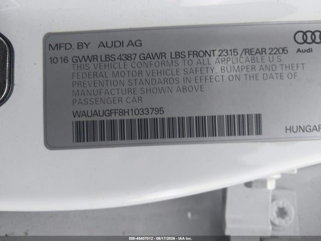 Aukcja sprzedaży 2017 Audi A3 2.0t Premium, vin: WAUAUGFF8H1033795, numer aukcji: 45407012