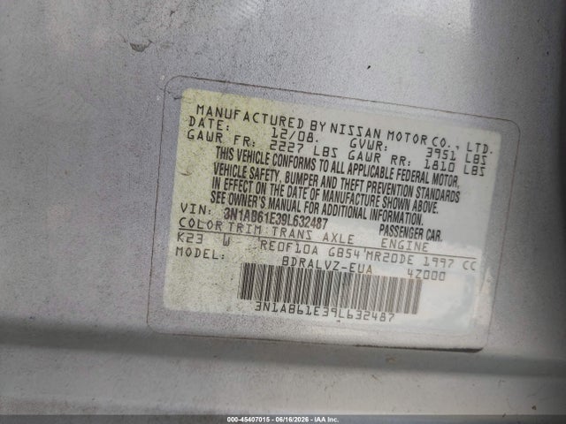 45407015 :رقم المزاد ، 3N1AB61E39L632487 vin ، 2009 Nissan Sentra 2.0sl مزاد بيع
