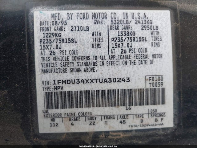 Aukcja sprzedaży 1996 Ford Explorer, vin: 1FMDU34XXTUA30243, numer aukcji: 45407019