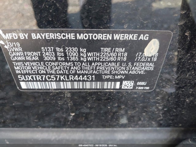 Продажа на аукционе авто 2019 Bmw X3 Sdrive30i, vin: 5UXTR7C57KLR44431, номер лота: 45407022