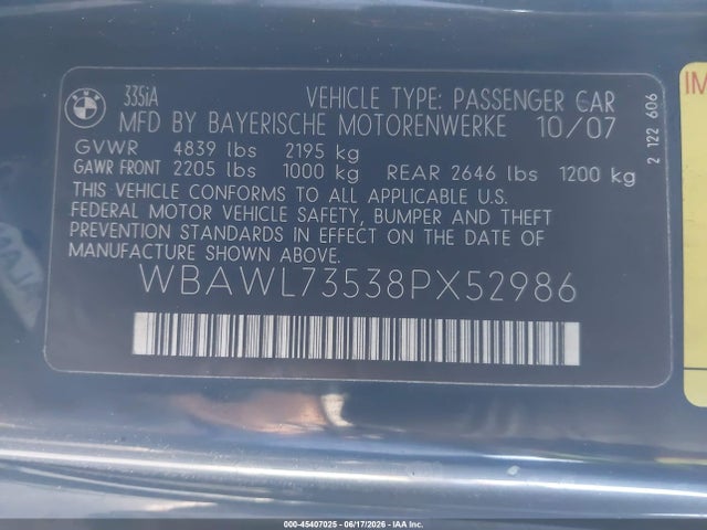 2008 Bmw 335i მანქანა იყიდება აუქციონზე, vin: WBAWL73538PX52986, აუქციონის ნომერი: 45407025