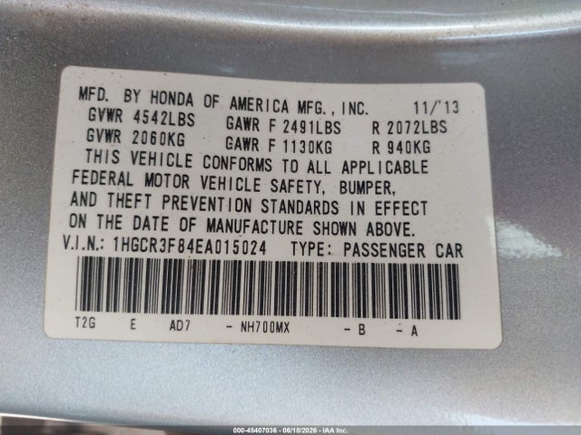 2014 Honda Accord Ex-l V-6 მანქანა იყიდება აუქციონზე, vin: 1HGCR3F84EA015024, აუქციონის ნომერი: 45407036
