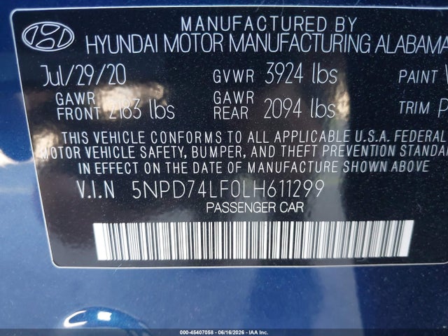 5NPD74LF0LH611299 Hyundai ELANTRA SE
