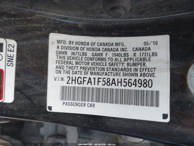Продажа на аукционе авто 2010 Honda Civic Lx, vin: 2HGFA1F58AH564980, номер лота: 45407061