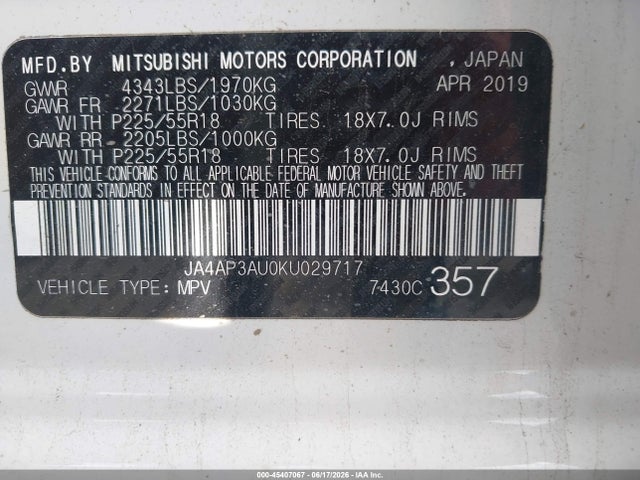 2019 Mitsubishi Outlander Sport 2.0 Es მანქანა იყიდება აუქციონზე, vin: JA4AP3AU0KU029717, აუქციონის ნომერი: 45407067