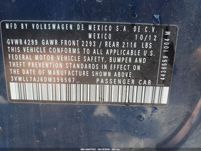 Продажа на аукционе авто 2013 Volkswagen Jetta 2.0l Tdi, vin: 3VWLL7AJ6DM396567, номер лота: 45407082
