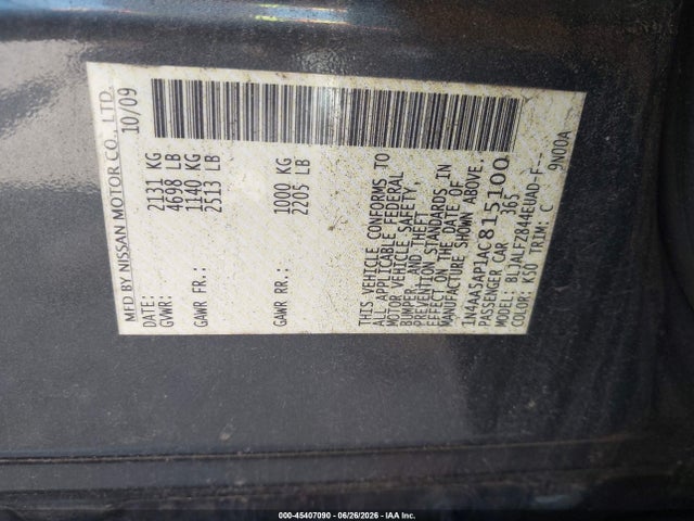 2010 Nissan Maxima 3.5 Sv მანქანა იყიდება აუქციონზე, vin: 1N4AA5AP1AC815100, აუქციონის ნომერი: 45407090