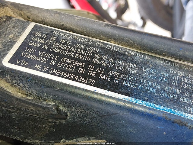 45407092 :رقم المزاد ، ME3FSM246KK436170 vin ، 2019 Royal Enfield Motors Himalayan مزاد بيع