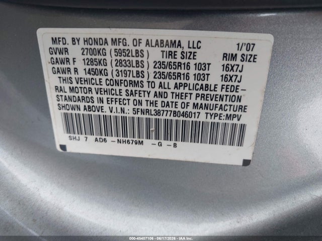 Aukcja sprzedaży 2007 Honda Odyssey Ex-l, vin: 5FNRL38777B046017, numer aukcji: 45407106