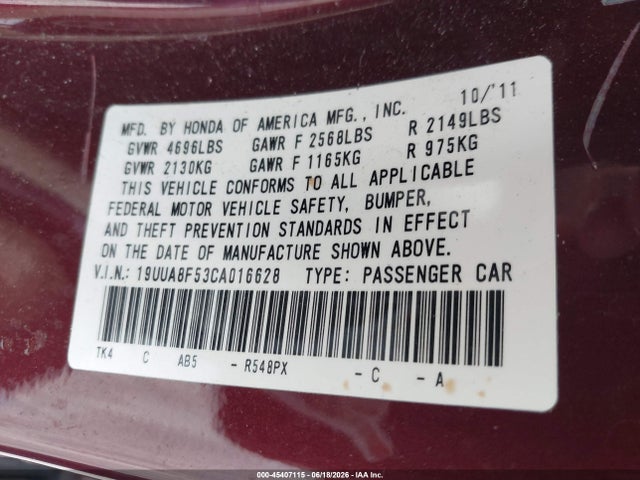 45407115 :رقم المزاد ، 19UUA8F53CA016628 vin ، 2012 Acura Tl 3.5 مزاد بيع