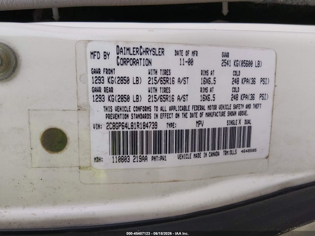 Aukcja sprzedaży 2001 Chrysler Town & Country Limited, vin: 2C8GP64L81R184739, numer aukcji: 45407123