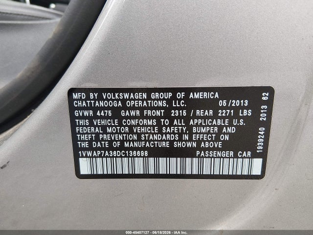 45407127 :رقم المزاد ، 1VWAP7A36DC136698 vin ، 2013 Volkswagen Passat 2.5l Wolfsburg Edition مزاد بيع